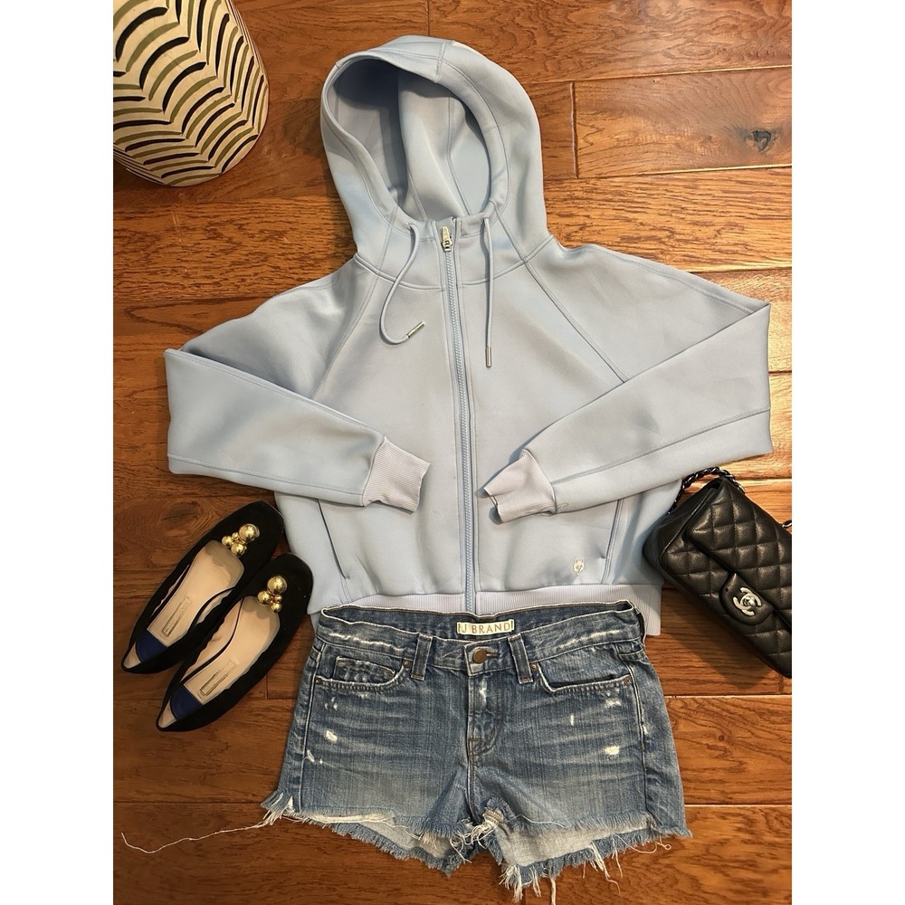 Greyson Womens Scuba Full Zip Cropped Light Blue Wolf Logo Sweatshirt Size XS